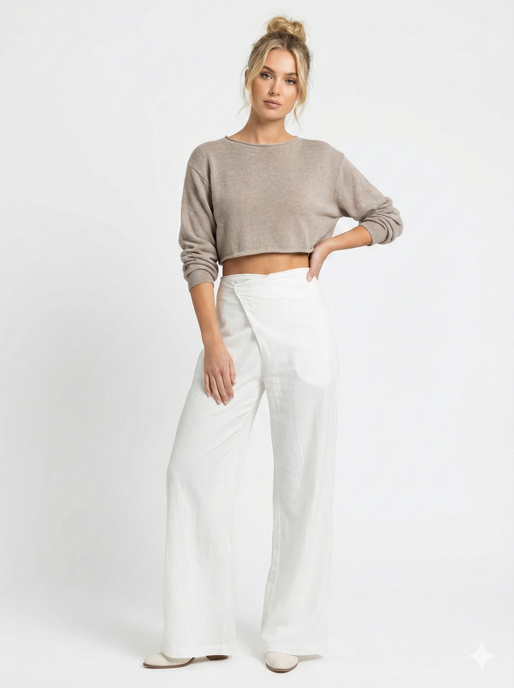 Linen crinkle wide-leg pants and cotton knit top by Aline My Label