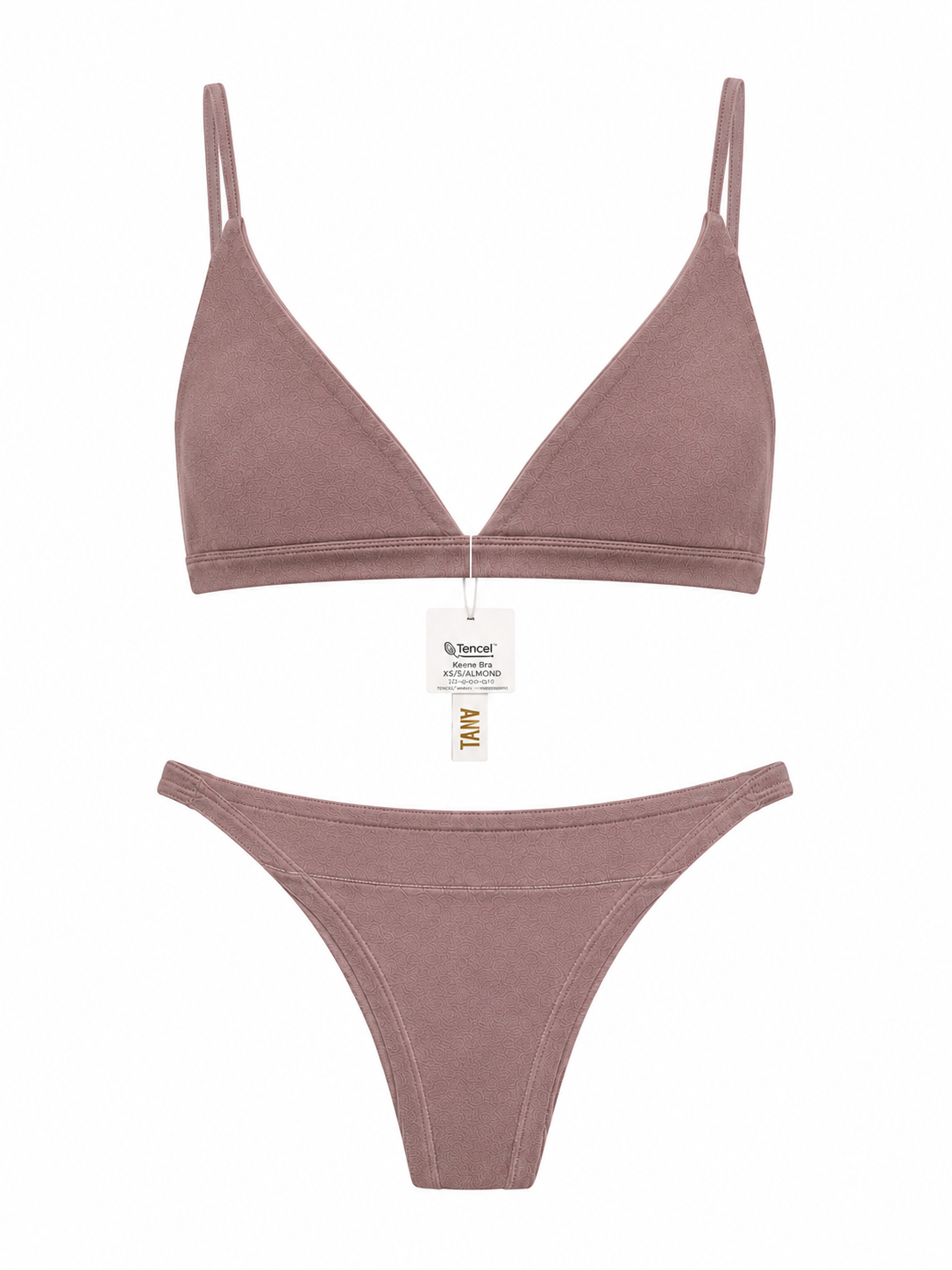 Keen Bralette and Keen Bottom lingerie set in Almond color, featuring a triangle bralette with thin straps and a matching thong on a white background.
