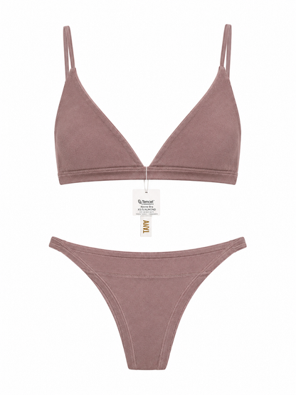 Keen Bralette and Keen Bottom lingerie set in Almond color, featuring a triangle bralette with thin straps and a matching thong on a white background.