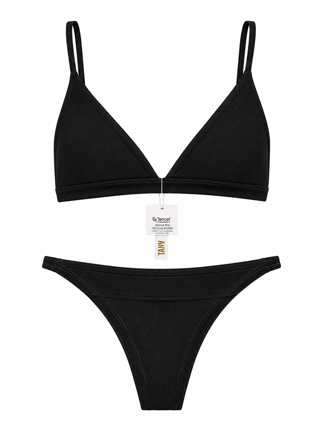 Keen Bralette and Keen Bottom lingerie set in black, featuring a triangle bralette with thin straps and a matching thong on a white background.