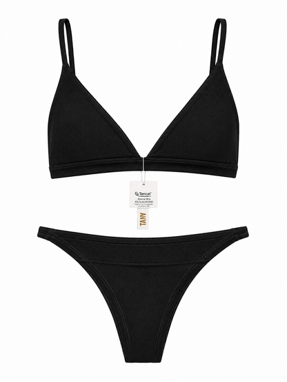 Keen Bralette and Keen Bottom lingerie set in black, featuring a triangle bralette with thin straps and a matching thong on a white background.