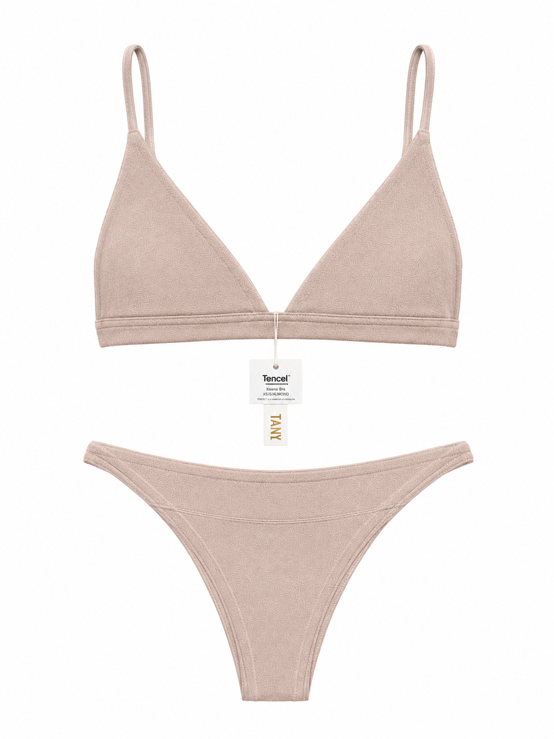 Keen Bralette and Keen Bottom lingerie set in nude beige, featuring a triangle bralette with thin straps and a matching thong on a white background.