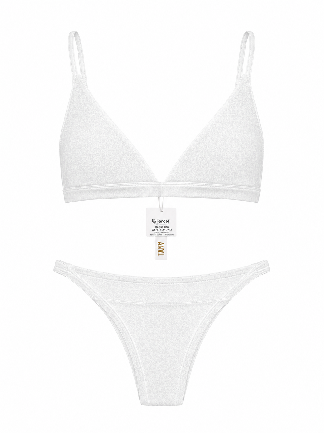 Keen Bralette and Keen Bottom lingerie set in White, featuring a triangle bralette with thin straps and a matching thong on a white background.