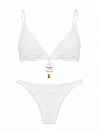 Keen Bralette and Keen Bottom lingerie set in White, featuring a triangle bralette with thin straps and a matching thong on a white background.
