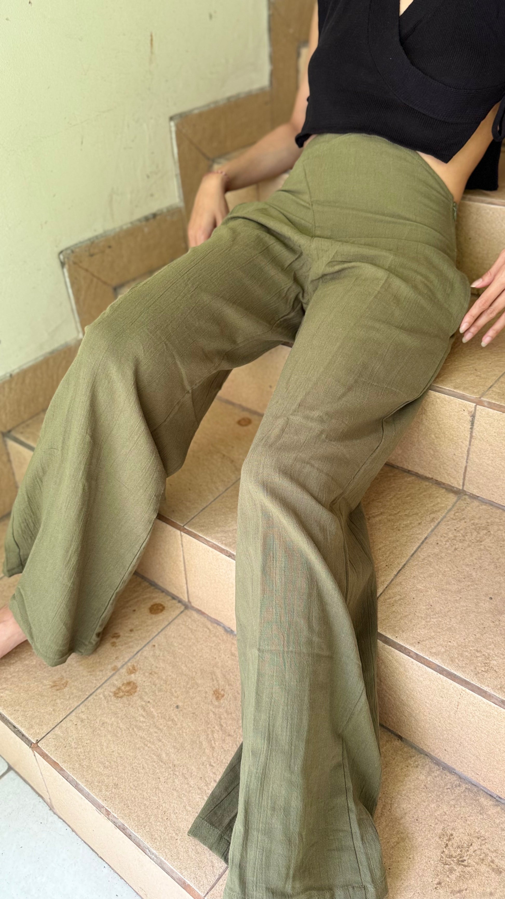 Olive linen wide leg pants for women Lily collection