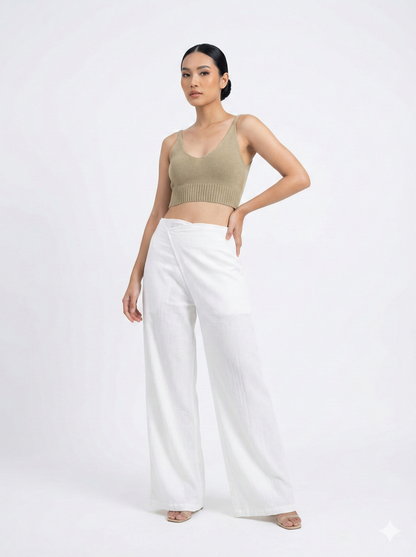 Sand Aghar Knit Top front view, minimalist fitted knit top