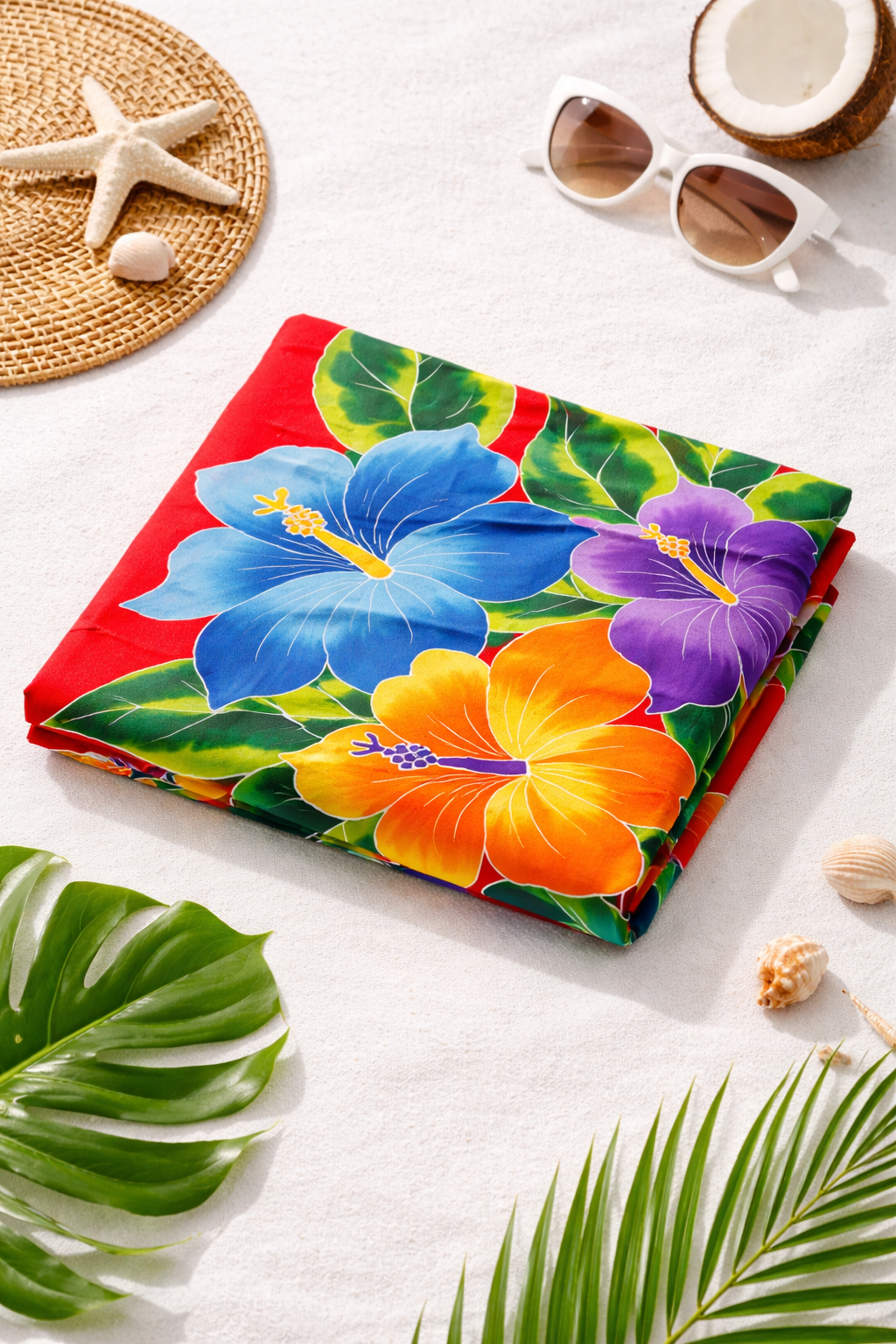 Red handmade Bali sarong with vibrant hibiscus flowers beach wrap